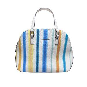 Calvin Klein Womens Striped Dome Satchel Handbag With Zipper Closure